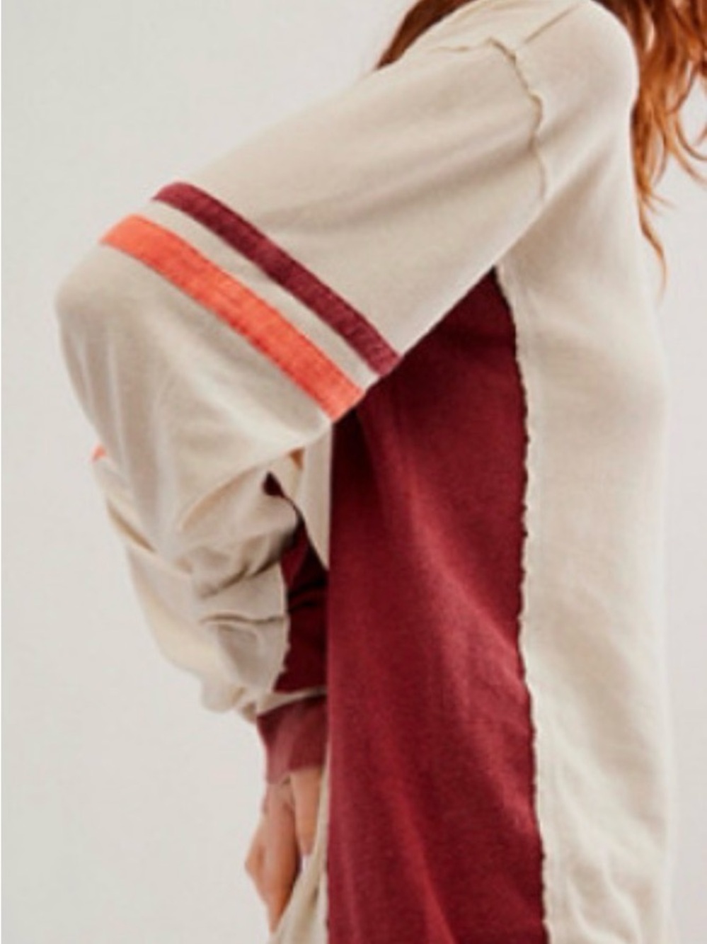 Free People Cream Sweater with Burgundy Panels and Coral Stripe